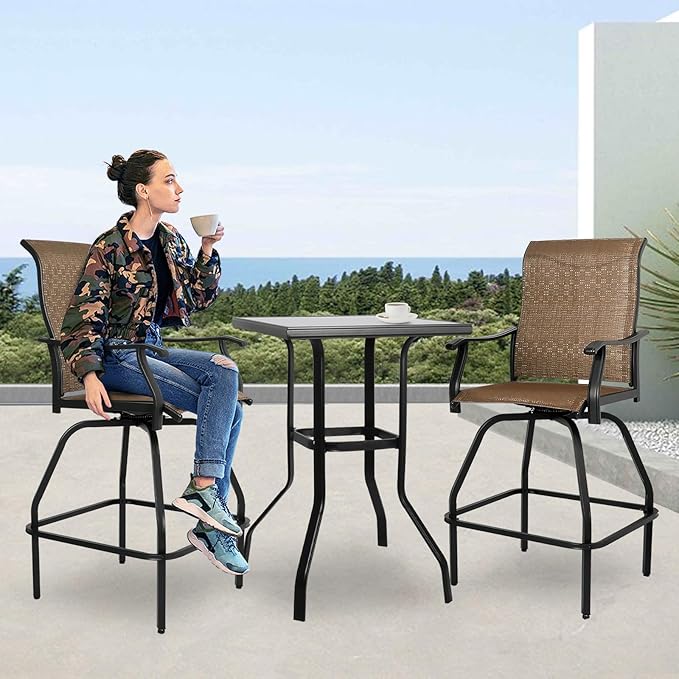 LEVELEVE Patio Bar Set 3pcs Swivel Bar Stools Outdoor Bistro Textilene Furniture Stability All-Weather Set with Height Table (3, Dark Brown Fabric)