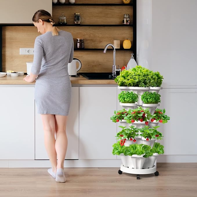 6 Tiered Strawberry Planters, Vertical Garden Tower, Stacking Planter with Support Pole, Stackable Herb Vegetable Planters Indoor and Outdoor - Black