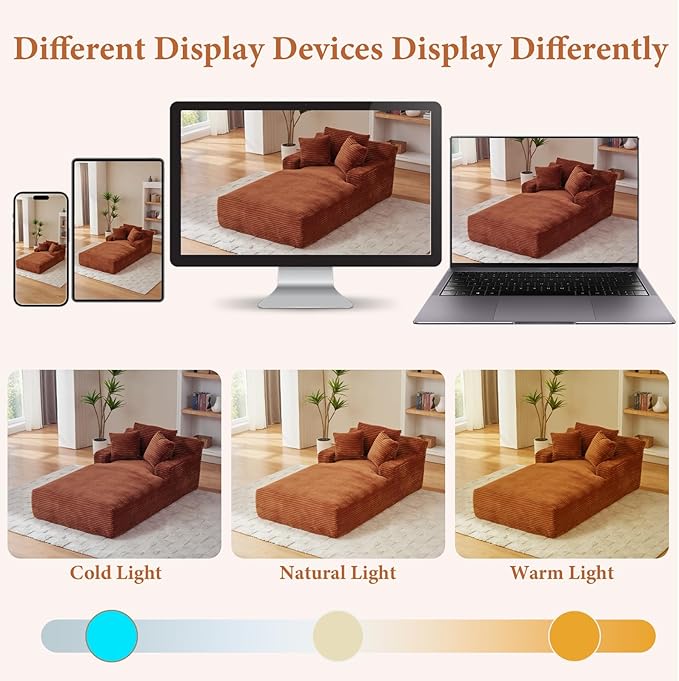 78.7" Chaise Lounge Chair Indoor, Oversized Boneless Couch Comfy Upholstered Sleeper Sofa Bed with 3 Pillows, Corduroy Cloud Reading Chair for Living Room No Assembly Required, Orange