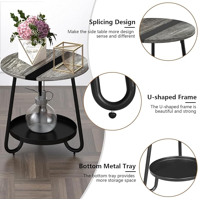 2 Tier Coffee Table in Living Room, Industrial Style Round Coffee Table with Metal Tray, Wood Small Outdoor Coffee Table for Bedroom Balcony Patio, Gray