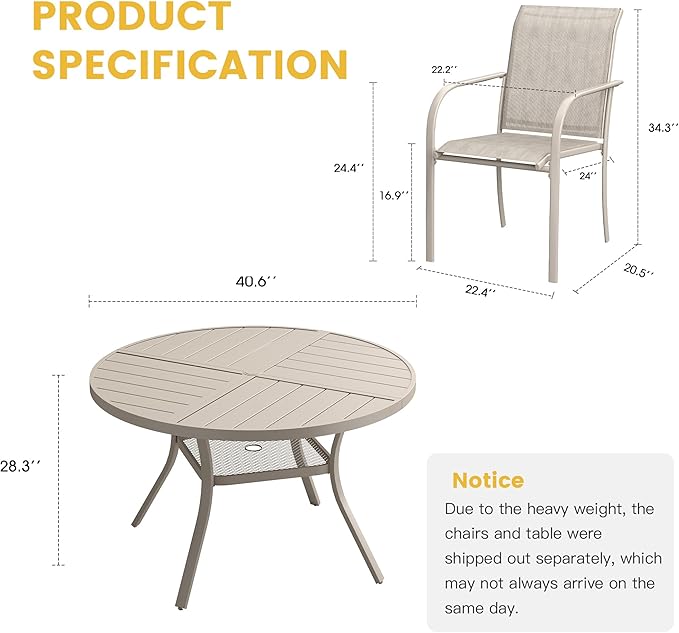 VICLLAX Patio Table and Chair Set of 4, All Weather Metal Round Outdoor Dining Furniture Set-40.6" Round Outdoor Table and Chairs, Sandshell Tabletop