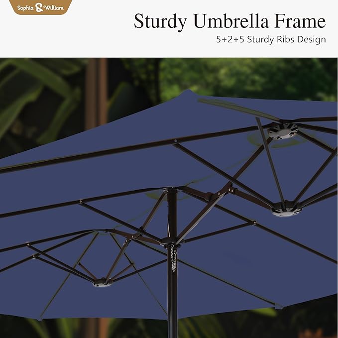 Sophia & William Patio Outdoor Table and Chairs Set with Umbrella Navy, Patio Dining Sets for 6, 7 Pieces Patio Table Set for Backyard Deck Porch Outside, Metal Table with Cushioned Rattan Chairs