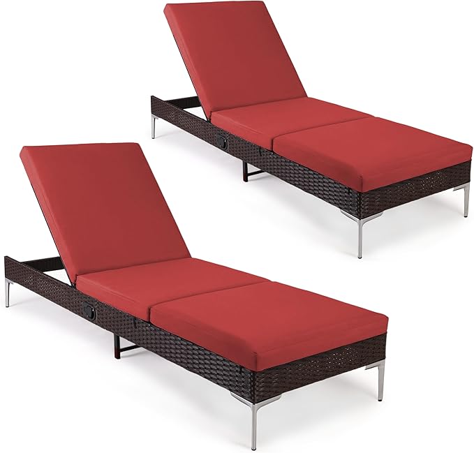 HOMREST Outdoor Lounge Chairs Set of 2, Patio Wicker Chaise Lounge with Removable Cushion, Rattan Pool Sunbathing Recliners with Adjustable Backrest (Burgundy)