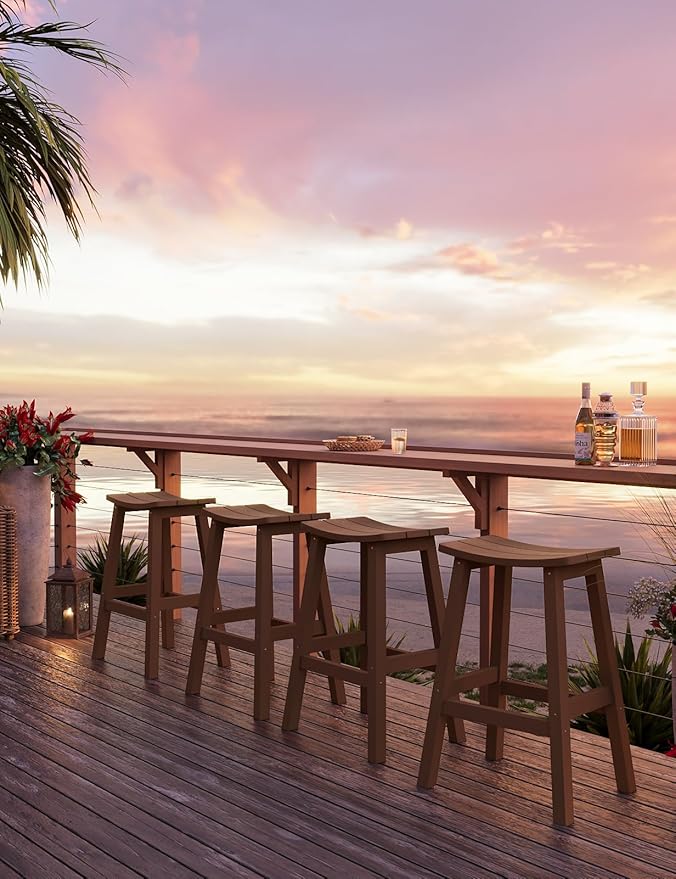 Weatherproof Bar Stools Set of 4, 28" Height Outdoor Bar Stools Holds up to 400 lbs, Saddle Seat, Bar Height Stools for Patio, Garden, and Kitchen Island, Teak