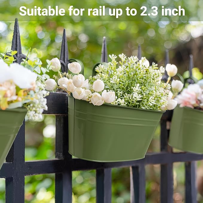 Dahey 10.5 Inch Metal Iron Hanging Flower Pots for Railing Fence Hanging Bucket Pots Countryside Style Outdoor Planter Window Flower Plant Holder with Detachable Hooks Home Decor,Green,3 Pcs
