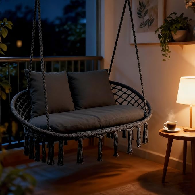 Magshion Double Hammock Swing Chair with 3 Cushions, 700 lbs Capacity, Macrame Hanging Bench for Indoor & Outdoor Use, Cotton Woven Mesh Porch Hanging Rope Swing, Black