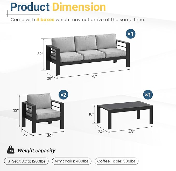 Solaste Aluminum Patio Furniture Set for All Weather, Oversized Outdoor Furniture Set with 27.5" Deep Seating and 3.2" Wide Armrest, Outdoor Patio Conversation Sets with 5" Cushion,Black and Grey