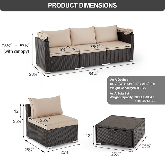 Vicluke 6 Pieces Patio Furniture Sets Outdoor Sectional Sofa Set Rattan Daybed with Retractable Canopy, Adjustable Backrest, Storable Tea Table Rectangle Sunbed for Backyard Garden Poolside(Khaki)