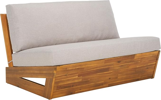 SAFAVIEH Outdoor Patio Furniture Collection Lynn Natural & Light Grey Solid Wood Sofa (PAT7329B)