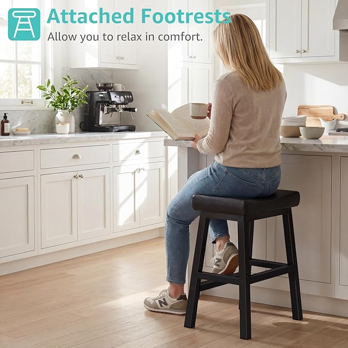24 Inch Bar Stools for Kitchen Island, Kitchen Chairs Counter Height Stools with Footrest, Black Saddle Leather Barstools Heavy Duty for Dining Table Farmhouse Outdoor, 1 PC