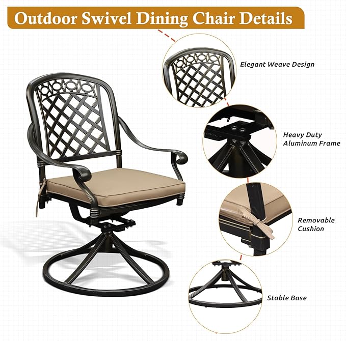 5-Piece Cast Aluminum Outdoor Patio Dining Set, All Weather Cast Aluminum Outdoor Furniture Dining Set for Patio, Balcony, Garden, Backyard w/4 Swivel Chairs & Cushions, 2.0" Umbrella Hole
