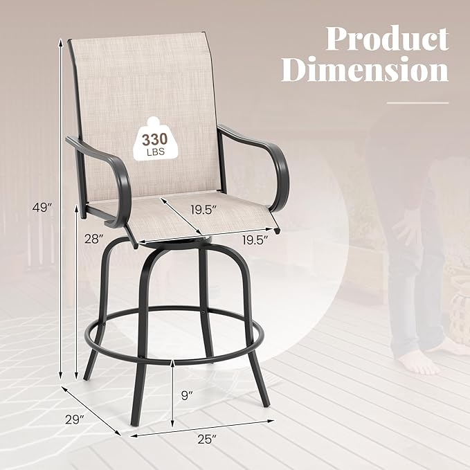 Giantex Set of 2 Swivel Outdoor Bar Stools, All-Weather Bar Height Patio Chairs, 330LBS Capacity, 360 Rotating Outside Bar Chairs with High Back Armrests, for Porch Yard Lawn Garden Pool (Grey)