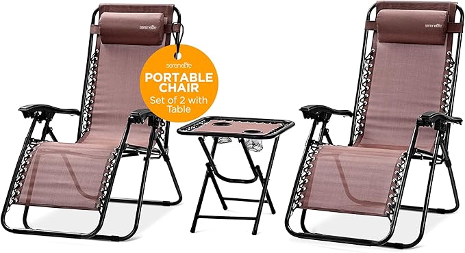 SereneLife Outdoor Zero Gravity Lounge Chair Set with Table – 2 Adjustable Recliners with Cup Holders, Headrest, Steel Frame & Foldable Design for Patio, Pool, Garden, or Camping