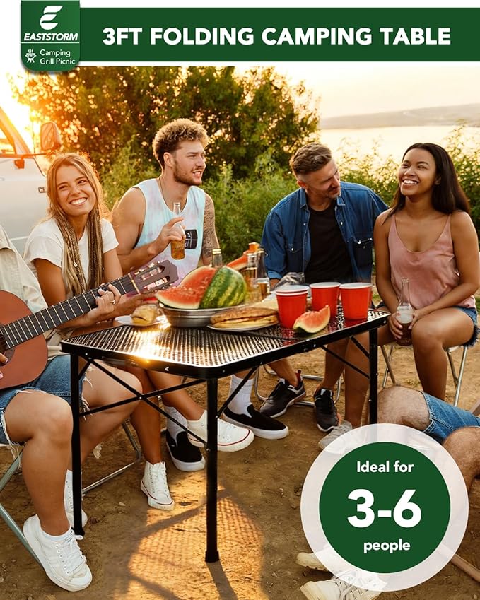 3 ft Folding Table with Adjustable Height (16.5" & 26"), Black Metal Mesh Table with Carry Handle, Portable for Camping, Tailgating, BBQ, Picnic & Indoor, Fits 3–6 People, 7.5 lb, Supports 66 lb