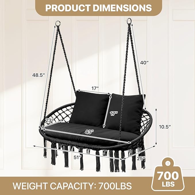 MoNiBloom 2 Seat Hammock Chair Hanging Macrame Swing 3 Cushions Included, Indoor/Outdoor Boho Chair for Adults, Max 700 lbs Capacity Patio Hanging Chair Porch Hammock Chair Hanging Rope Swing, Black