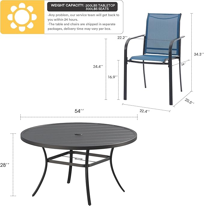 VICLLAX Patio Dining Set for 8, Outdoor Furniture Set Includes 53" Round Patio Table and 8 Patio Sling Chairs, Black Tabletop and Blue Fabric