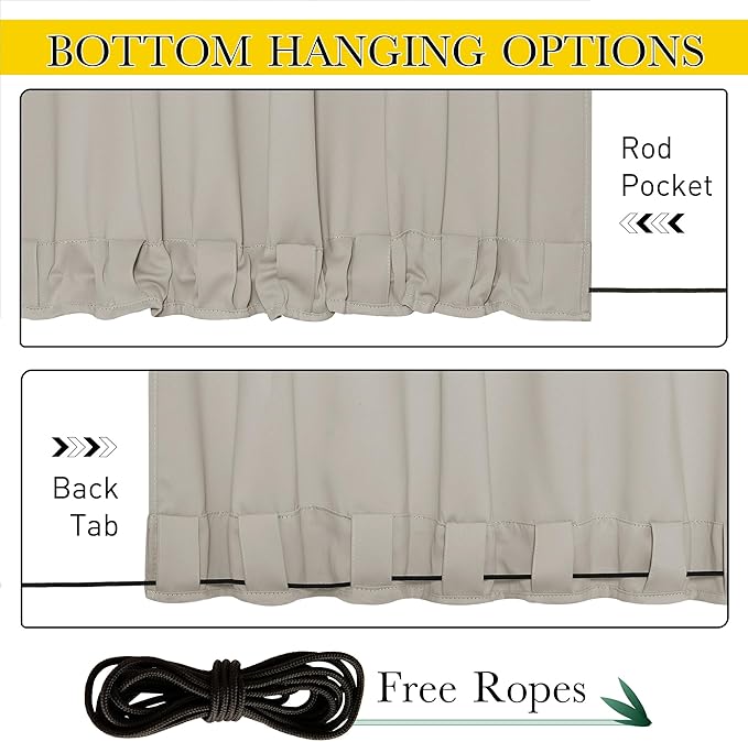 NICETOWN 2 Panels Outdoor Curtains Waterproof Pocket & Back Tab on Top & Bottom, Thermal Insulated Windproof Sun Blocking Outside Privacy Drapes for Patio with Fixed Rope, W84 x L95, Natural