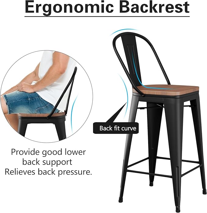 Alunaune 26" Swivel Metal Bar Stools Set of 4 High Back Counter Height Barstools Industrial Dining Bar Chairs with Large Wooden Seat-Matte Black