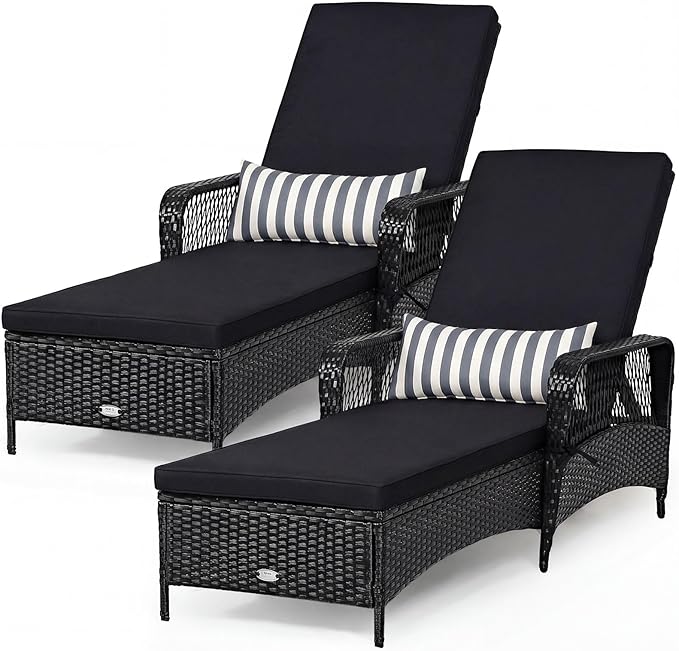 Tangkula Wicker Chaise Lounge Outdoor Set of 2, Patio Rattan Reclining Chaise with 6-Gear Adjustable Backrest, Thick Padded Cushion & Removable Lumbar Pillow, Pool Lounge Chairs (Black)