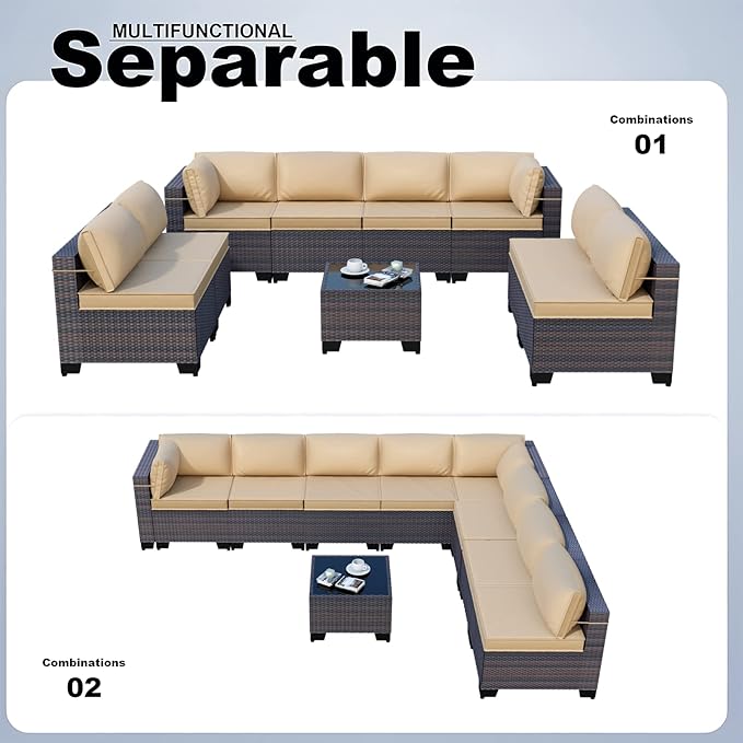 Kullavik 9 Pieces Outdoor Patio Furniture Set,Outdoor Sectional Rattan Sofa Set Brown PE Rattan Wicker Patio Conversation Set with Tempered Glass Coffee Table and Washable Cushions Covers,Sand