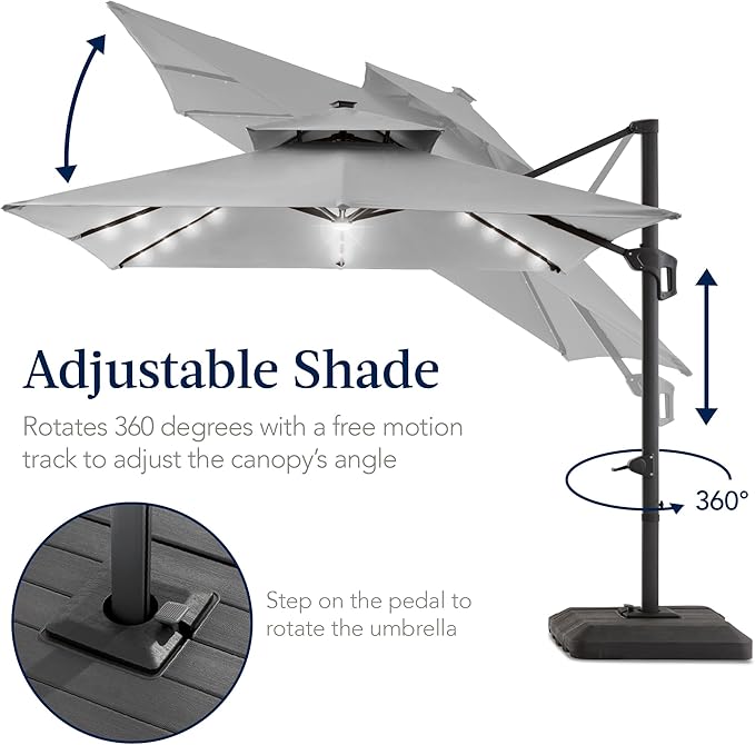 Best Choice Products 12x12ft LED Cantilever Patio Umbrella w/Base Included & 360° Rotation, Large Solar Offset Hanging Outdoor Sun Shade for Deck, Backyard Table w/Stand & Lights – Fog Gray