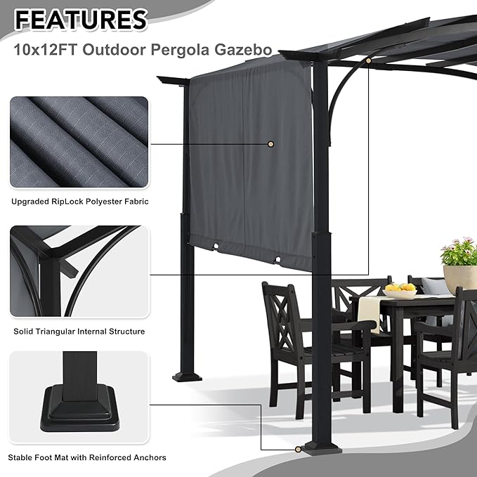 MASTERCANOPY 10x12ft Outdoor Retractable Pergola with Sun Shade Canopy Patio Metal Garden Pergola,Dark Grey