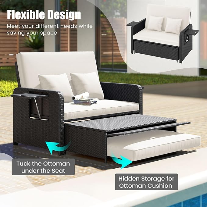 HAPPYGRILL Patio Rattan Wicker Daybed with Loveseat & Storage Ottoman, Outdoor Lounge Sofa Furniture Set with Adjustable Backrest & Side Trays, for Poolside Deck Porch Lawn (Black & Beige)