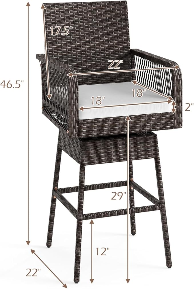 ORALNER Outdoor Wicker Swivel Bar Stools Set, 29" Bar Height Patio Rattan Dining Chair with Armrests, Footrest & Seat Cushion, Metal Frame, for Backyard, Porch, Poolside, Deck (1, White)