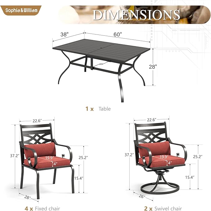 Sophia and William Outdoor Patio Dining Set for 6, Outdoor Table and Chairs, Removable Seat Cushions, 4 Fixed，2 Swivel Chairs, 60" Black Patio Dining Table,Red