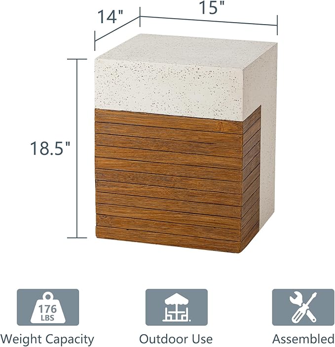 COSIEST Concrete Side Table, Rectangular Outdoor End Table w Faux Wood Design,15''Patio Side Tables End Table, Outdoor Accent Side Tables for Garden and Patio, Terrazzo