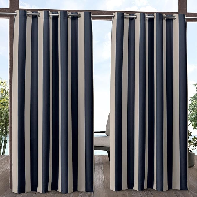 Exclusive Home Canopy Stripe Indoor/Outdoor Grommet Top Curtain Panel, 54"x96", Navy / Sand, Set of 2