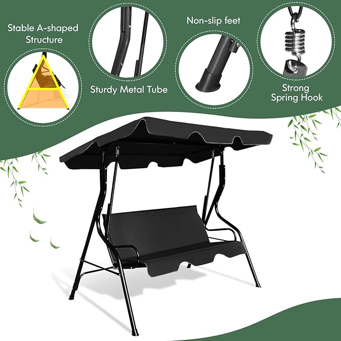 Porch Swing Outdoor, 3 Person Patio Swing w/Removable Cushion, Stand & Adjustable Canopy, Heavy Duty Swing Chair for Patio, Garden, Courtyard, Poolside