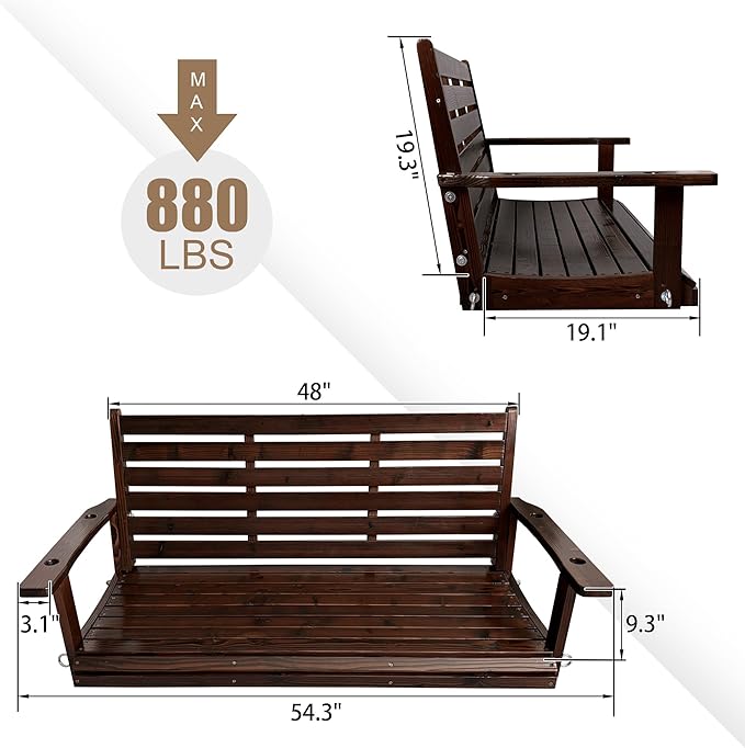 Wooden Porch Swing, Ergonomic Seat, Bench Swing with Hanging Chains and 7mm Springs, Heavy Duty 880 LBS, for Outdoor Patio Garden Yard (Dark Brown, 2-Seater Extra Large)