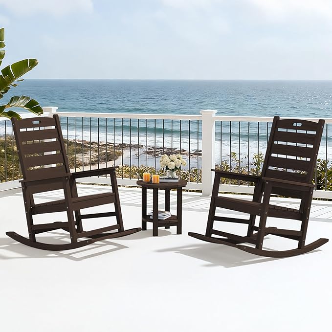 SERWALL Outdoor Rocking Chair Set of 2, Oversized Rocking Chair with Footboard for Adults, HDPE All Weather Resistant Rocking Chairs for Patio, 350lbs Weight Capacity,Coffee