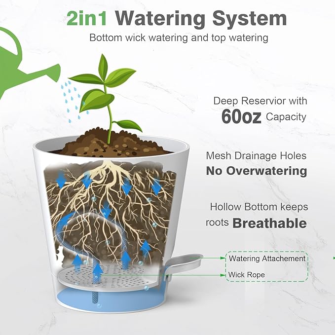 12inch Large Self Watering Plant Pot, Plastic Cylinder Planter with 60Oz Deep Reservoir and Saucer for Indoor Outdoor Plants Flowers Houseplants, Green with Brown