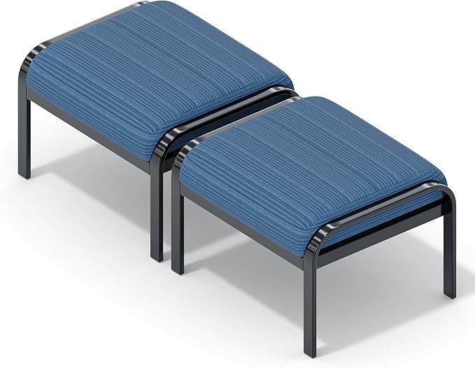 HOMREST Metal Outdoor Ottoman, 3-Piece Aluminum Footstool w/Removable Cushion, Multipurpose Footrest Stool with Coffee Side Table Additional Seating, Set of 3 Outdoor Ottomans for Patio Deck (Blue)