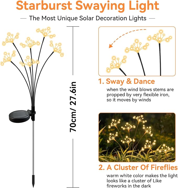JJGoo Solar Garden Lights, New Upgraded 2 Pack Solar Swaying Starburst Light, Waterproof Fireworks Outdoor Lights, Yard Patio Pathway Decoration, Warm White