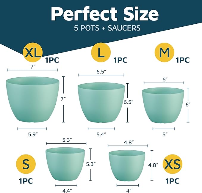 Lifemaster Planter Pots with Drainage Holes - Lightweight, Durable, and Space-Saving Pots for Indoor and Outdoor - Versatile Functionality, Simple Modern Design, Set of 5 Plastic Planter Pots - Aqua