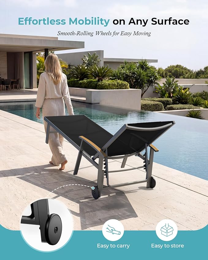 Ciokea Outdoor Lounge Chair with Pillow Set of 2, 5-Position Aluminum Chaise Lounge with Wheels & Armrests, 400 lbs Heavy Duty Patio Pool Chair for Backyard, Deck, Beach & Poolside, Black