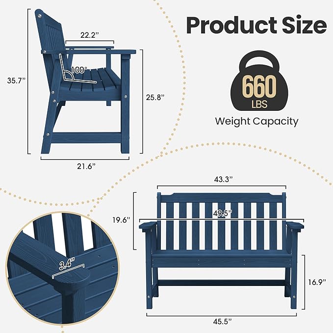 Ciokea 49" Heavy Duty Outdoor Bench, HDPE Weatherproof Porch Benches, Durable 2-Person Garden Benches with 660 Lbs, Waterproof Patio Bench for Outside Balcony Deck Backyard, Navy Blue