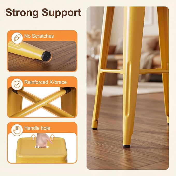 Shahoo 30 Inches Metal Bar Stools Counter Height Stackable Backless Stools, Industrial Patio Stools Indoor Outdoor Metal Kitchen Stools Set of 4 (Yellow, 30'')