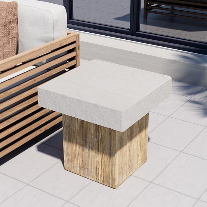 COSIEST Outdoor Medium Side Table, Patio Coffee Table, 19.7 inches Square MgO End Stool with Faux Wooden Pedestal Base,for Patio, Garden, Backyard, Antique Beige