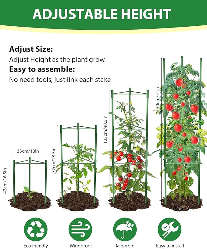 3 Pack Tomato Cages for Garden, 51in*13in Adjustable Tomatoes Plant Stakes Support Cages Trellis, Garden Trellis for Vegetable Flowers Fruits Climbing Plants- 20 Binding Wires Included