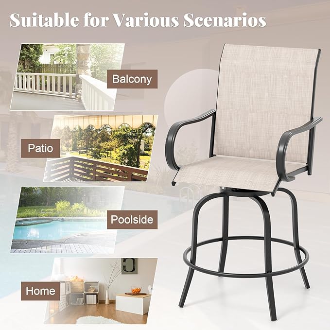 Giantex Set of 4 Swivel Outdoor Bar Stools, All-Weather Bar Height Patio Chairs, 330LBS Capacity, 360 Rotating Outside Bar Chairs with High Back Armrests, for Porch Yard Lawn Garden Pool (Grey)