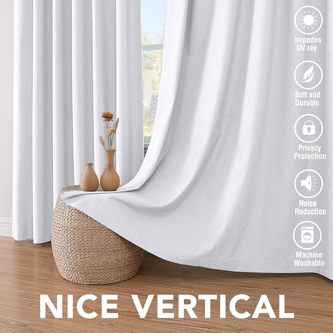 H.VERSAILTEX Linen Blackout Curtains 45 Inches Long 100% Blackout Thermal Insulated Textured Linen Look Curtain Draperies Anti-Rust Grommet, Energy Saving with White Liner, 2 Panels, Bright White