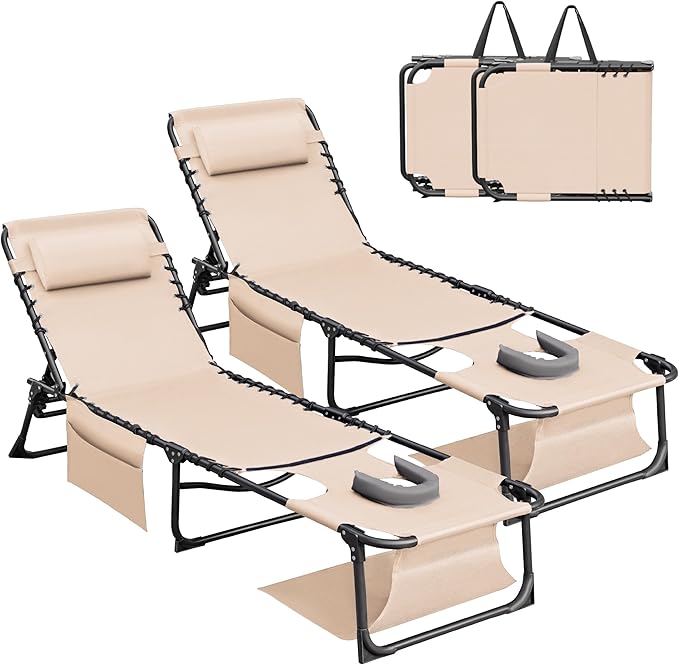 Devoko Beach Lounge Chair, Outdoor Sun Tanning Chair with Face Hole, Heavy Duty Folding Portable Lay Chaise Lounge Chairs for Outside Beach Pool Camping Patio, Beige