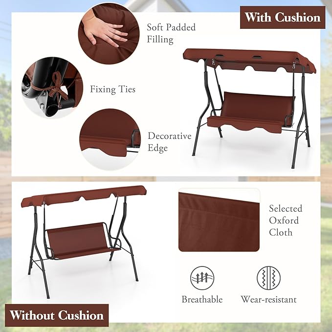 Porch Swing Outdoor, 3 Person Patio Swing w/Removable Cushion, Stand & Adjustable Canopy, Heavy Duty Swing Chair for Patio, Garden, Courtyard, Poolside