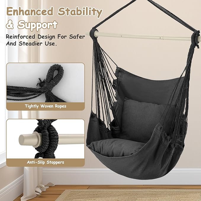 Athena Collection Hammock Chair Hanging Rope Swing Chair with 2 Cushions, Max 350 Lbs, Hanging Macrame Chair with Anti-Slip Grooves Spreader Bar and Pocket for Outdoor Indoor Patio Yard, Black