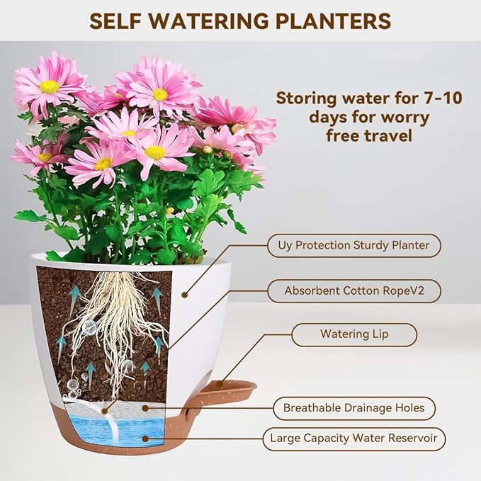 7/6.5/6/5.5/5 Inch Self Watering Pots, Plastic Flower Pots with Multi Mesh Drainage Holes and Deep Reservoir for Indoor Outdoor Garden Plants and Flowers (Black, 5/5.5/6/6.5/7)