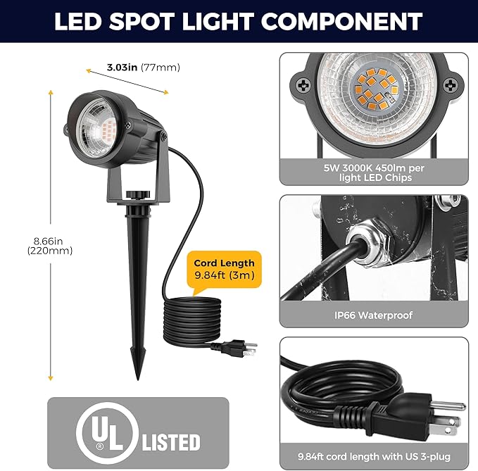 L LOHAS LED Outdoor Landscape Lighting, Auto On/Off 3000K Low Voltage Landscape Lighting, IP66 Waterproof Spot Lights for Yard, Outside, Garden, House, Pathway, Plant, Holiday Decor (8 Pack)